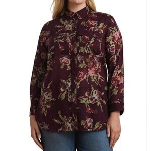 Ralph Lauren Button Up Down Shirt Womens Size 2X Dark Red Floral Romantic Norm